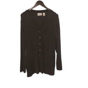 Chicos Travelers Sweater Black Large Button Down Slinky Blouse